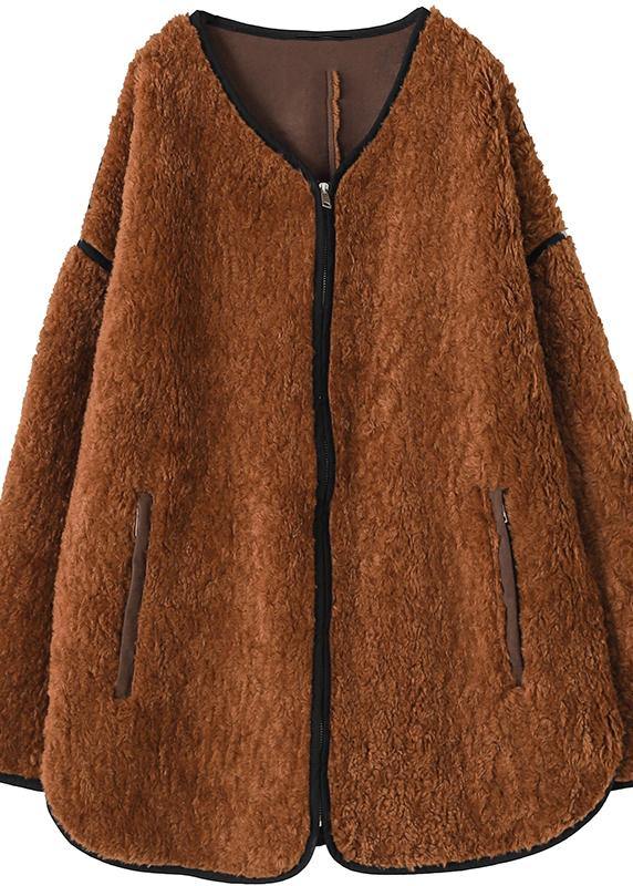 oversized Coats women chocolate o neck zippered wool coat