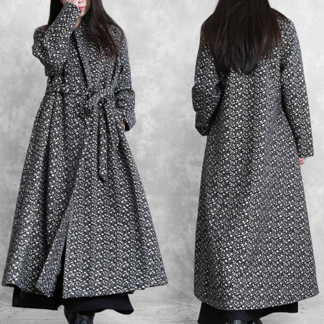 fine oversized long jackets outwear black plaid v neck tie waist wool coat