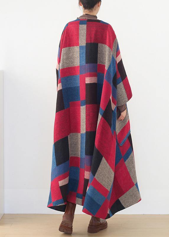 oversized maxi coat winter cashmere Coatred plaid fashion woolen outwear