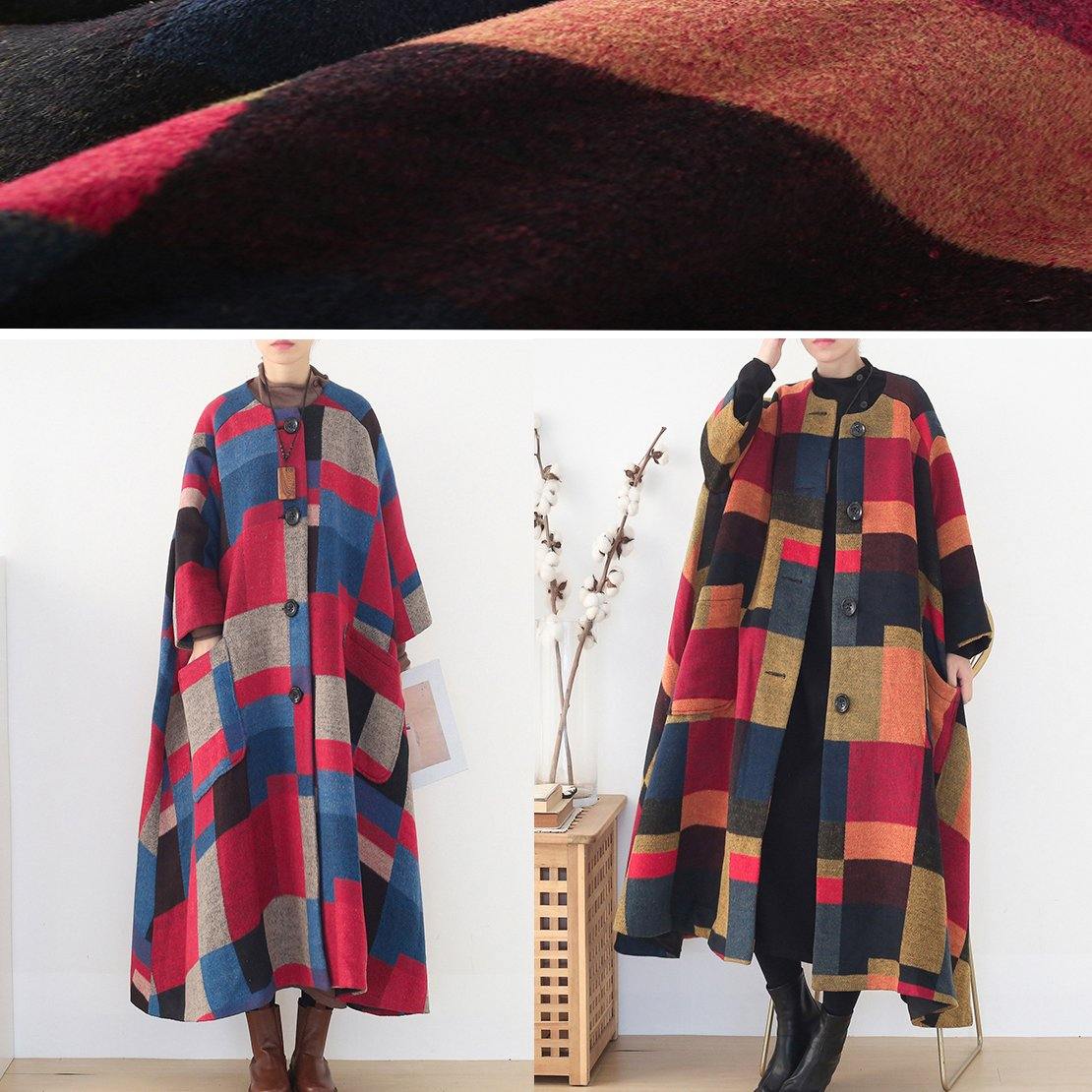 oversized maxi coat winter cashmere Coatred plaid fashion woolen outwear