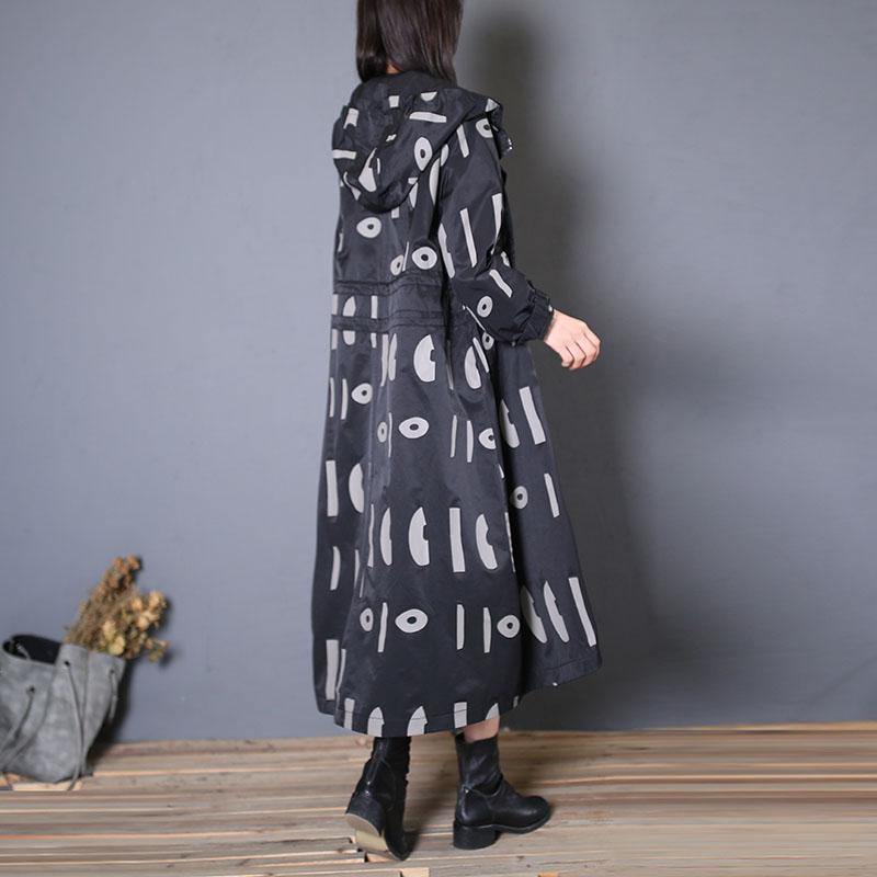 fine oversized trench coat fall black prints hooded drawstring coat