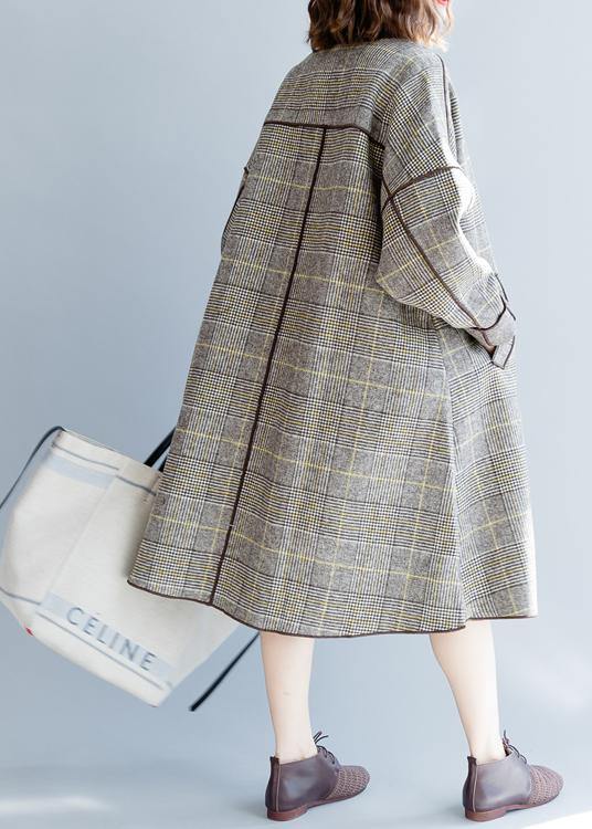 fine plus size mid-length coats winter woolen outwear plaid pockets woolen overcoat