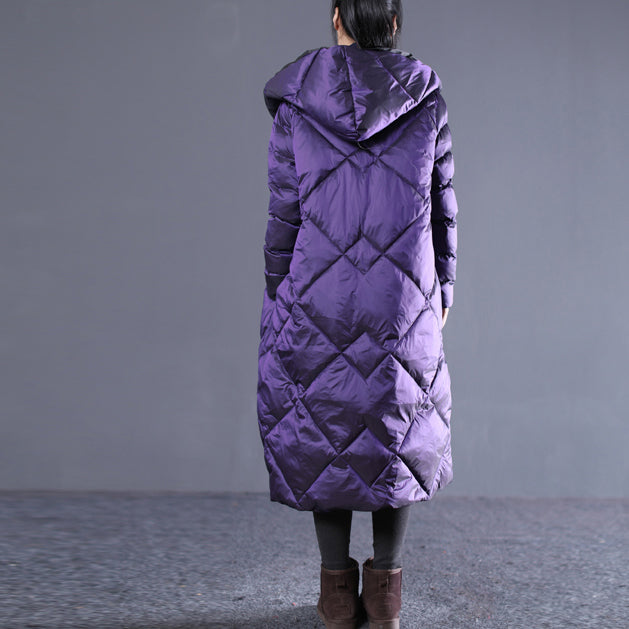 fine purple winter oversize hooded Parka Luxury pockets zippered cotton overcoat