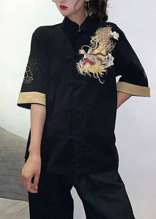 vintage Black button Stand Collar Embroideried Cotton tops Half Sleeve