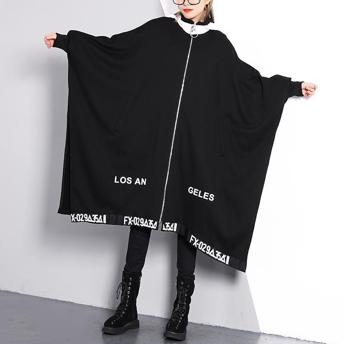 vintage black coat Loose fitting turn-down collar zippered long coat 2018 Batwing Sleeve asymmetric Coat