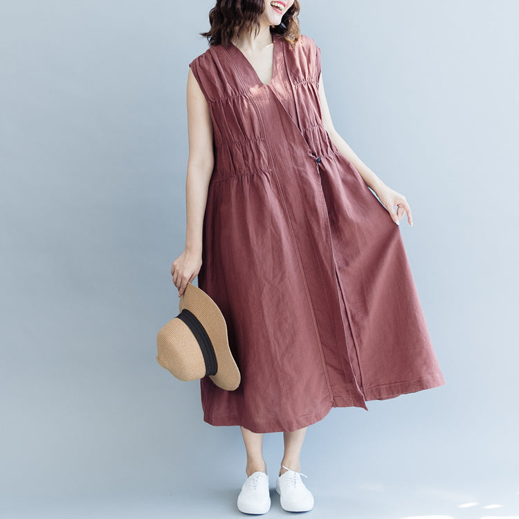 vintage khaki cotton linen dresses Loose fitting cotton linen clothing dress New Sleeveless Cinched v neck baggy dresses