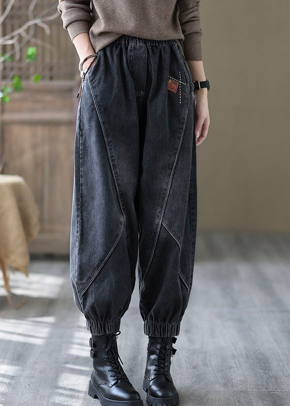 vintage Black elastic waist Pockets denim Pants Spring