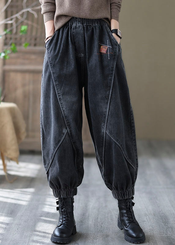 vintage Black elastic waist Pockets denim Pants Spring