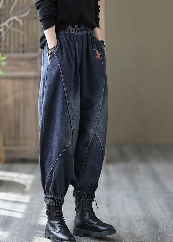 vintage Black elastic waist Pockets denim Pants Spring