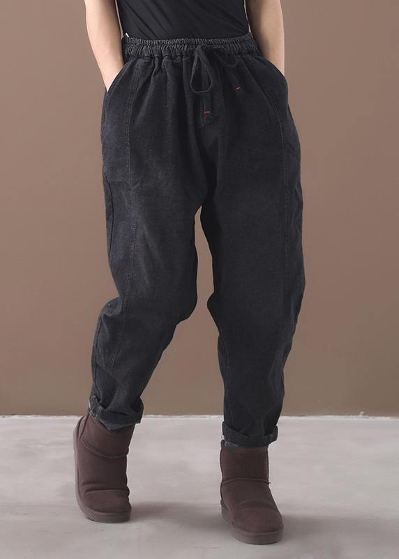 winter new denim black loose pants drawstring thick women trousers