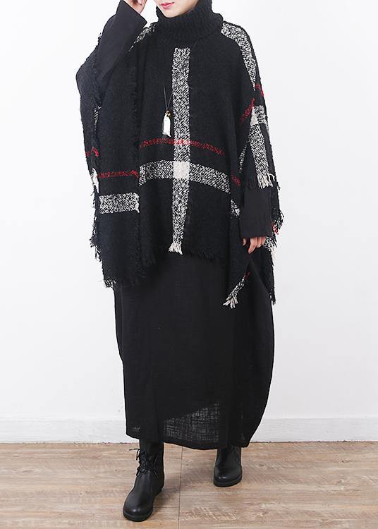 winter original design plaid high neck knit tops oversize black tassel cloak