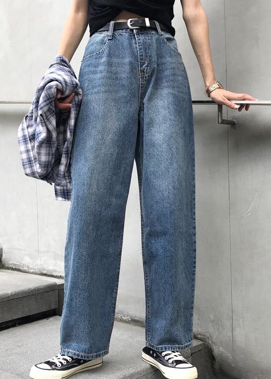 winter vintage denim blue pants high waist wide leg trousers