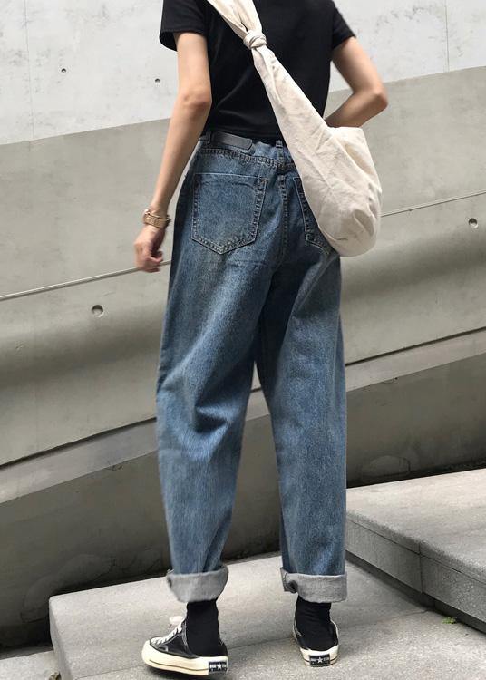 winter vintage denim blue pants high waist wide leg trousers