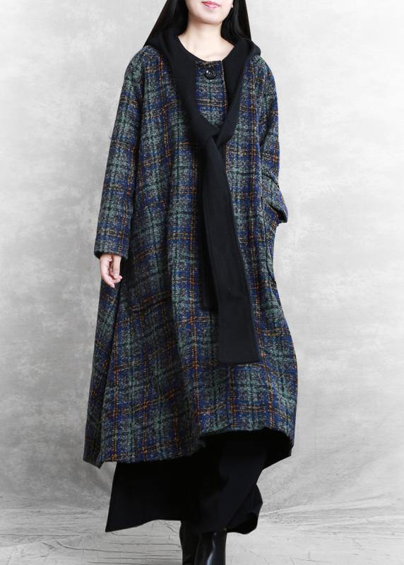 women Loose fitting long coats blue plaid hooded patchwork Woolen Coats