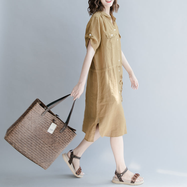 women brown linen dress oversize linen dress boutique short sleeve pockets Turn-down Collar linen dress