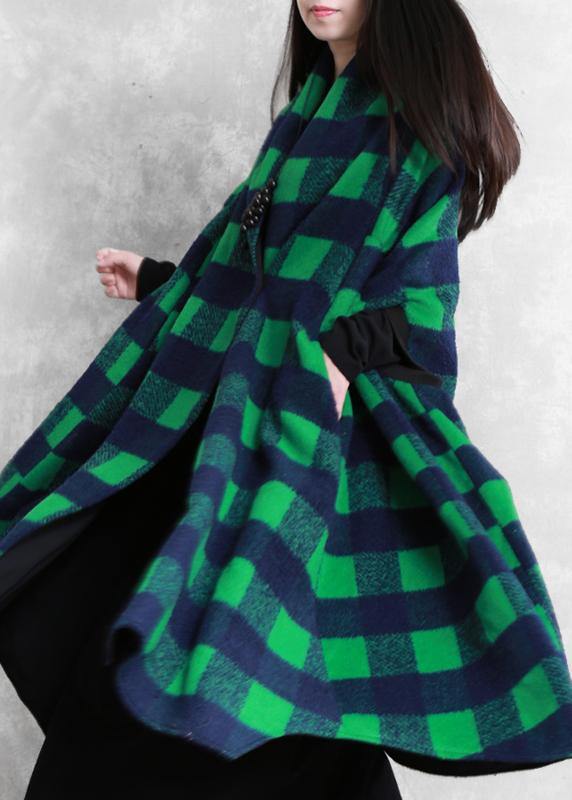 women casual Jackets & Coats green plaid Batwing Sleeve patchwork wool overcoat