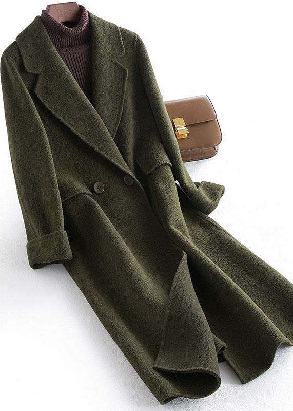 women casual long coats pockets coats brown Notched wool coat