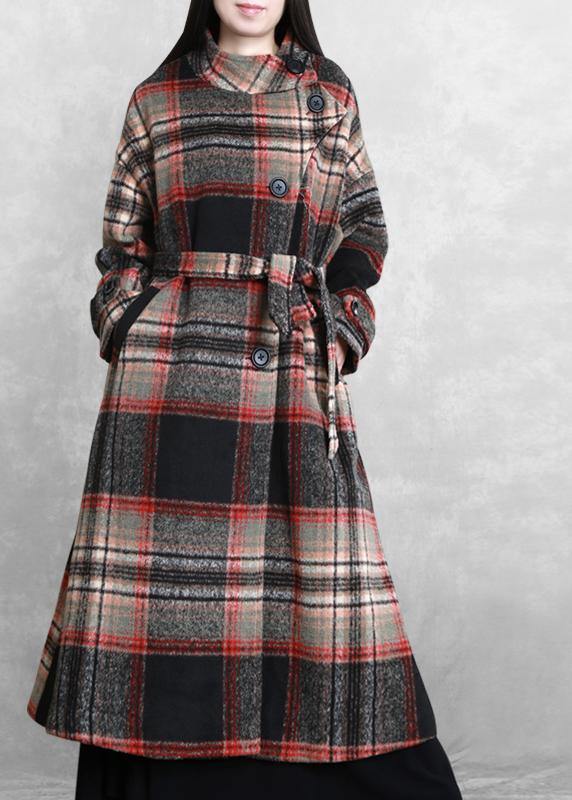 women casual long jackets  women coats black plaid tie waist asymmetric Woolen Coat