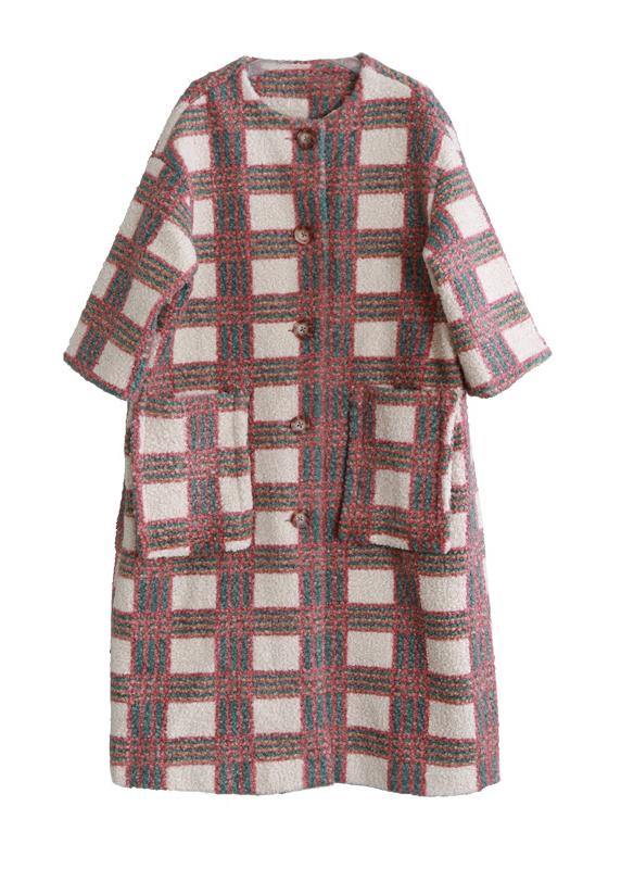 women casual trench coat coat nude plaid pockets Button wool coat for woman