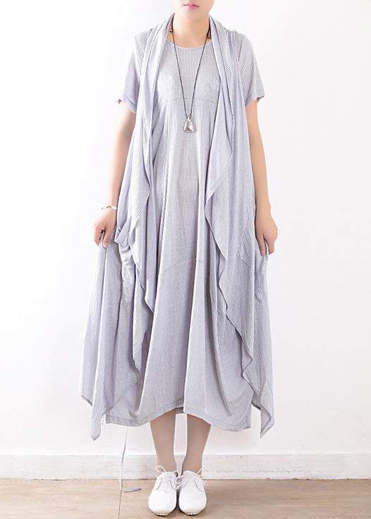 women cotton blended light blue striped long dress with sleeveless coats