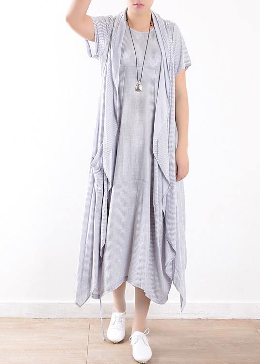 women cotton blended light blue striped long dress with sleeveless coats