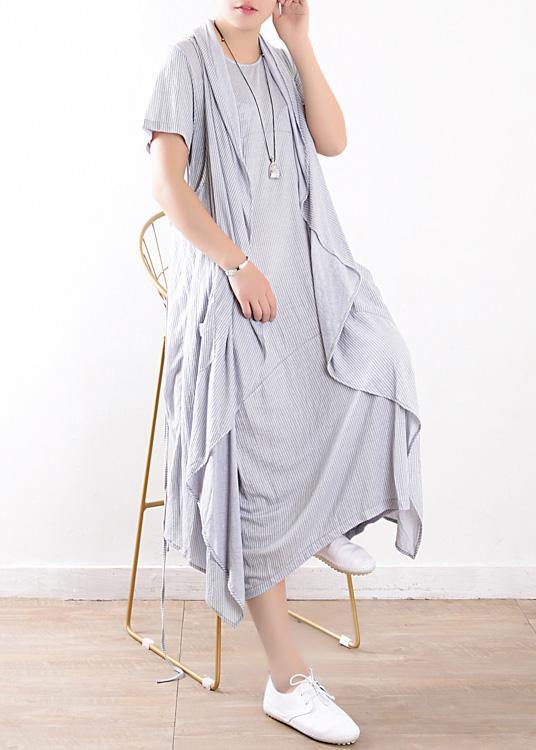 women cotton blended light blue striped long dress with sleeveless coats