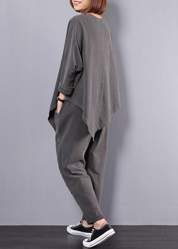 women cotton gray asymmetric tops and big pockets sport pants two pieces