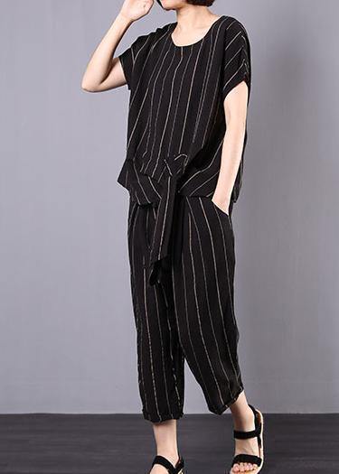 women cotton linen black striped two pieces short sleeve blouse and drawstring elastic waist pants