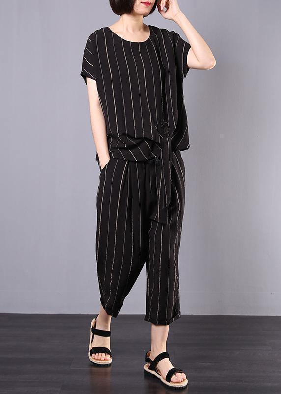 women cotton linen black striped two pieces short sleeve blouse and drawstring elastic waist pants