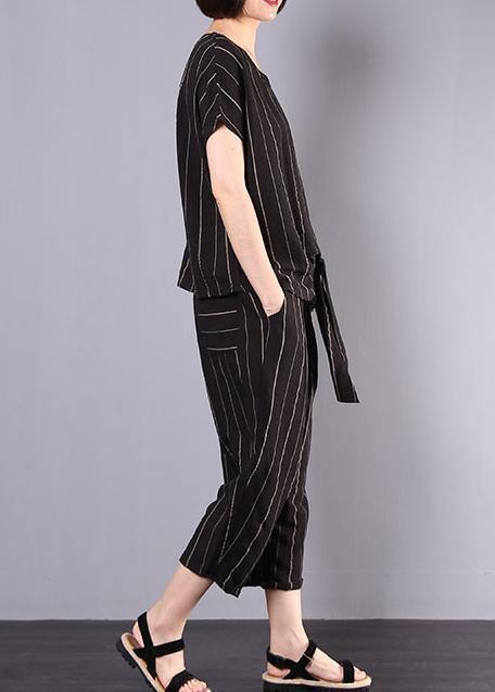 women cotton linen black striped two pieces short sleeve blouse and drawstring elastic waist pants