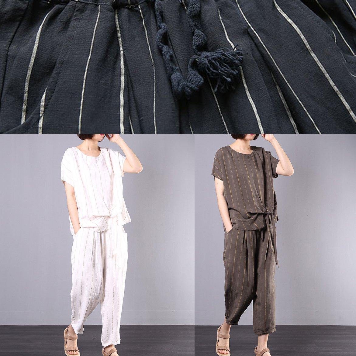 women cotton linen black striped two pieces short sleeve blouse and drawstring elastic waist pants