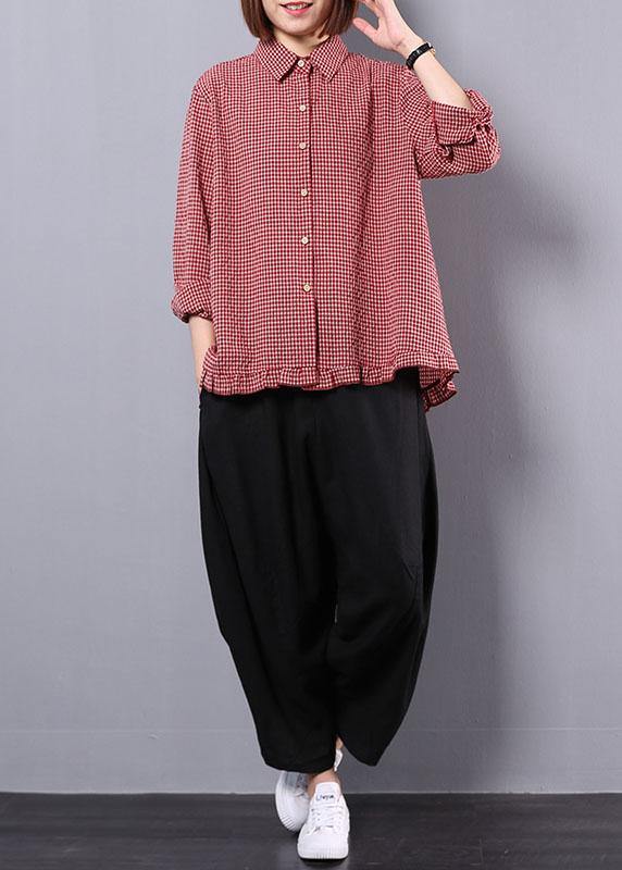 women fall cotton linen two pieces red plaid lapel collar shirt and black harem pants