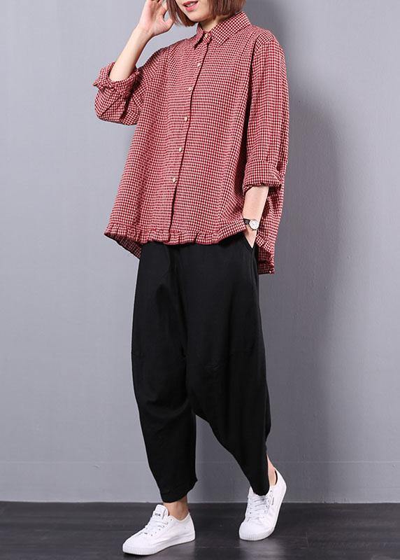 women fall cotton linen two pieces red plaid lapel collar shirt and black harem pants