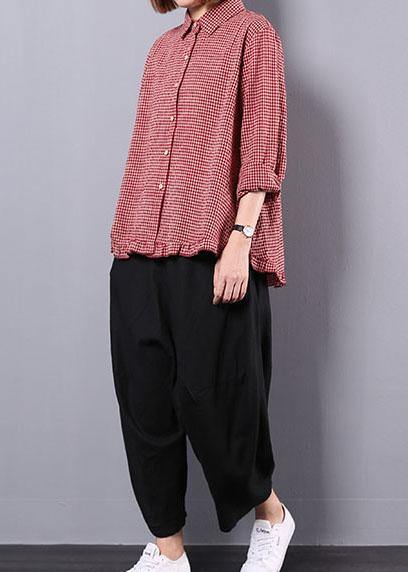 women fall cotton linen two pieces red plaid lapel collar shirt and black harem pants