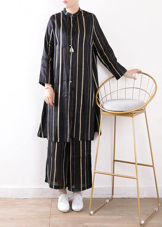 women fashion linen black two pieces long sleeve silk shirt with wide leg pants