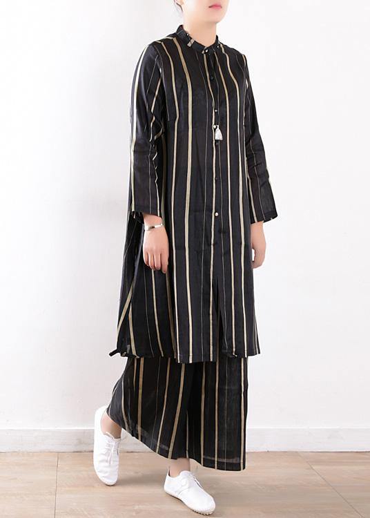 women fashion linen black two pieces long sleeve silk shirt with wide leg pants