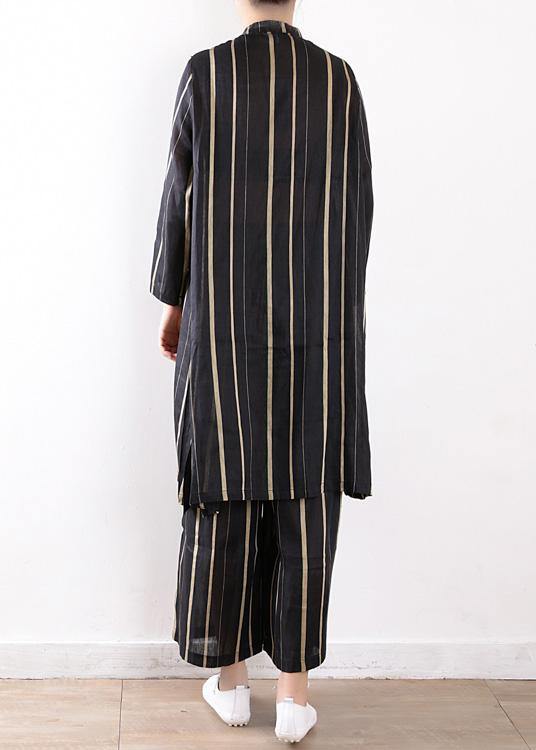 women fashion linen black two pieces long sleeve silk shirt with wide leg pants