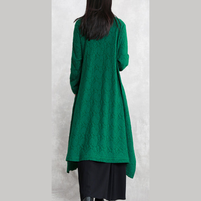 women green Wool blended Coat Loose fitting Stand asymmetric outwear boutique long sleeve pockets large hem trench coat