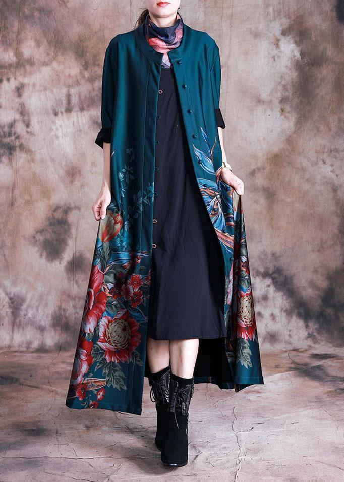 women green print Coat Women Loose fitting long fall coats Button Down