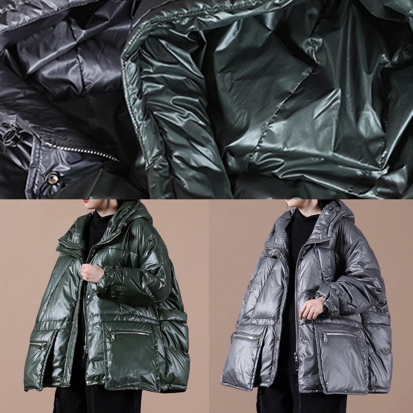 women oversize winter jacket coats blackish green hooded zippered down coat