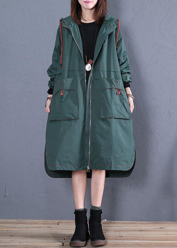 women oversized maxi coat fall green side open hooded Coats