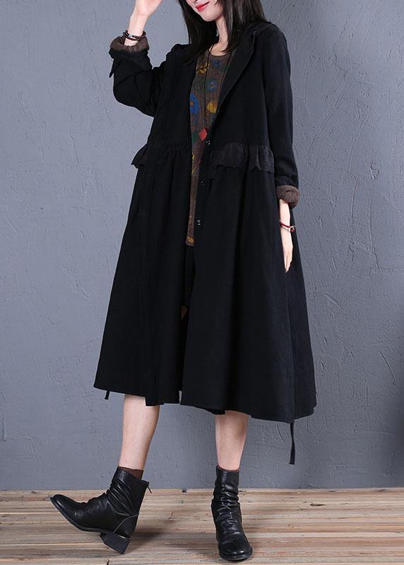 women oversized trench coat fall black hooded ruffles overcoat