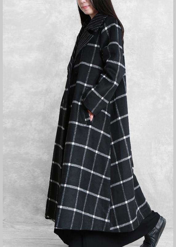 women plus size long coats woolen outwear black plaid Notched tie waist woolen overcoat