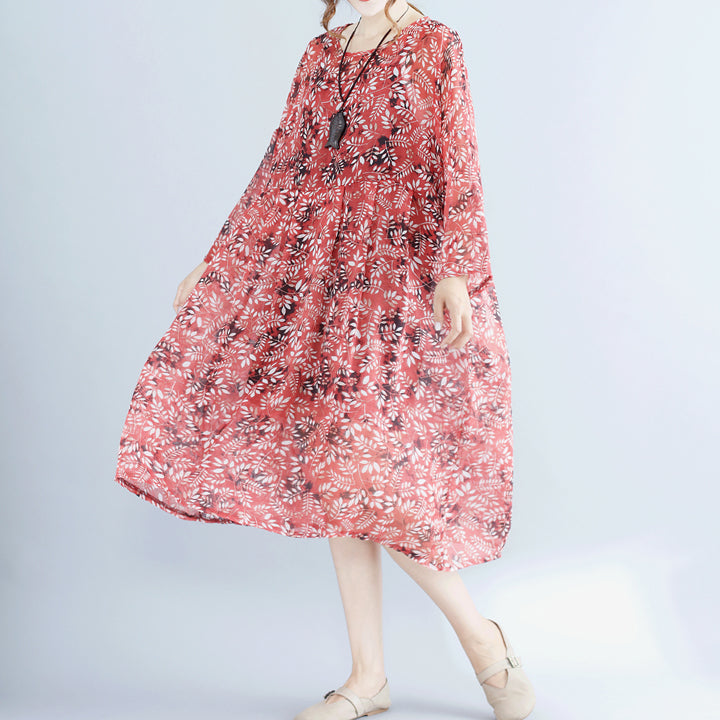 women red floral chiffon dress plus size clothing dresses long sleeve two pieces and cotton sleeveless dress