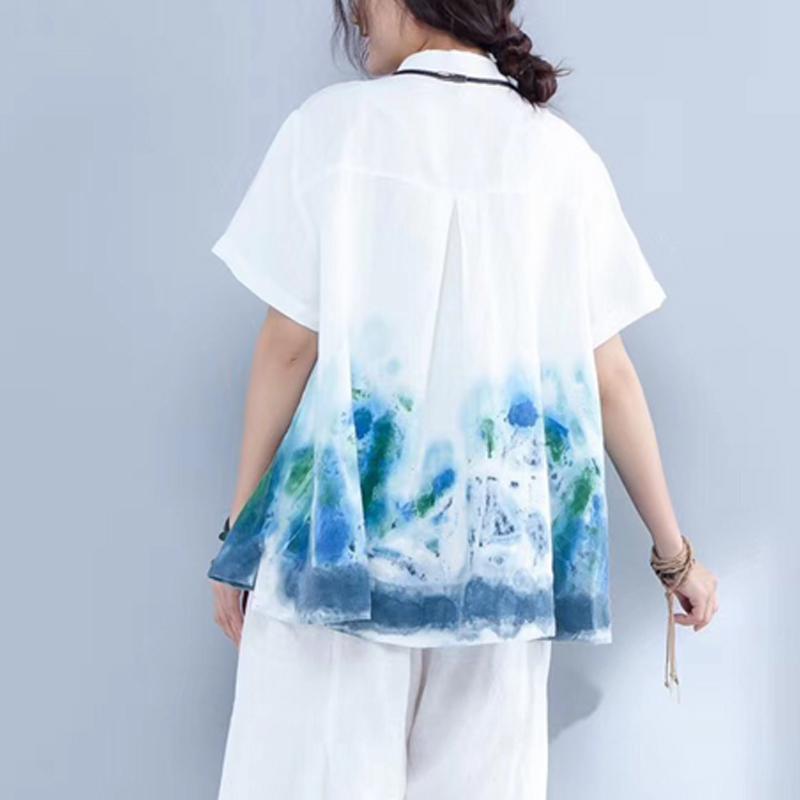 women summer linen tops Loose fitting Printing linen Loose Pocket White Blouse