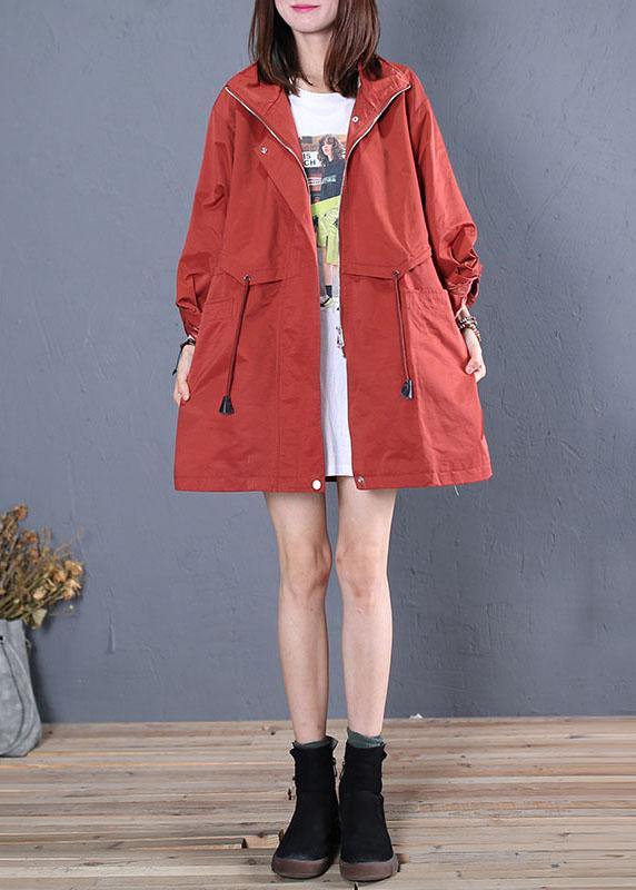 women trendy plus size mid-length coats fall red drawstring Coats