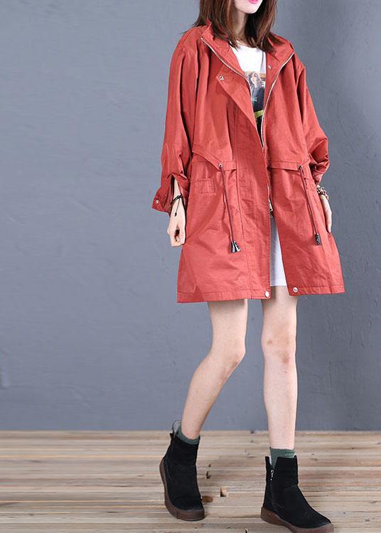 women trendy plus size mid-length coats fall red drawstring Coats