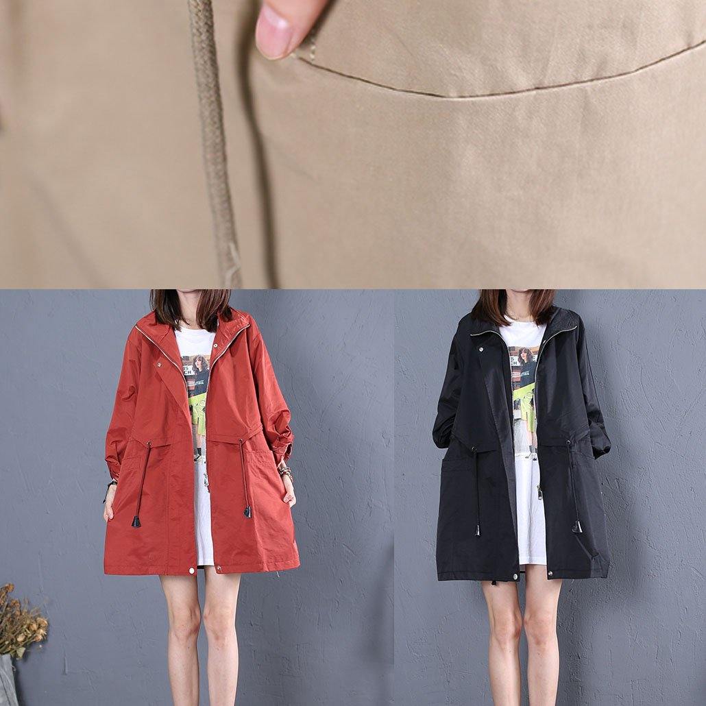 women trendy plus size mid-length coats fall red drawstring Coats