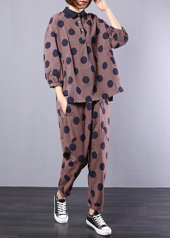 women vintage two pieces red dotted loose tops with casual wild pants