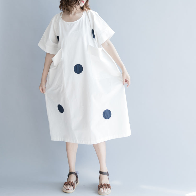 women white dotted cotton shift dress oversize shirt dress New short sleeve O neck baggy dresses natural cotton dress